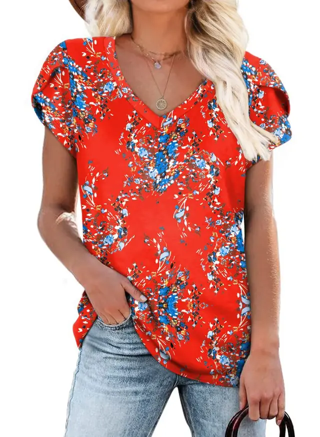 Tie Dyed Floral V neck Loose Women's T shirt Color11 - Shop at LoveMi