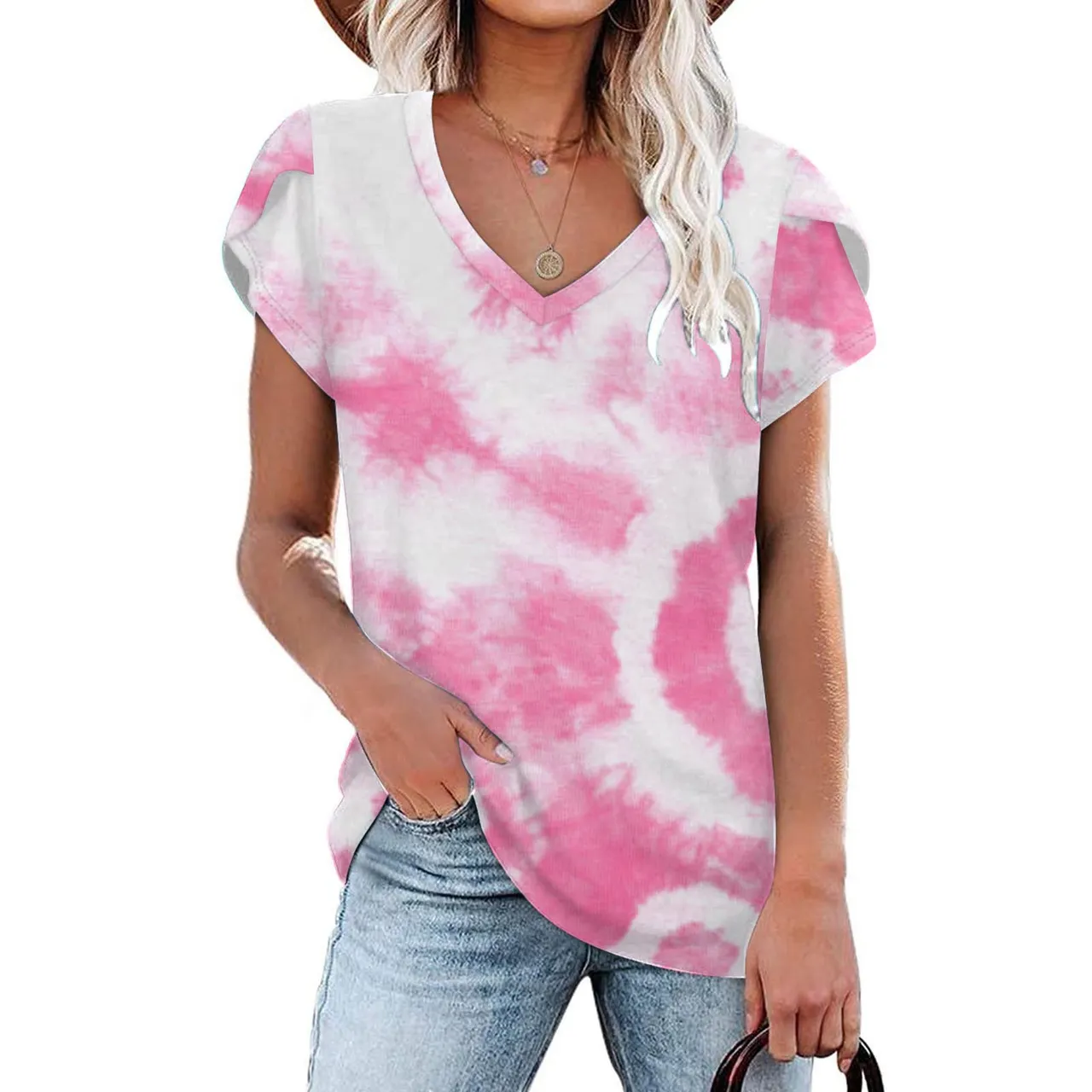 Tie Dyed Floral V-neck Loose Women's T-shirt - Color13 - View 1