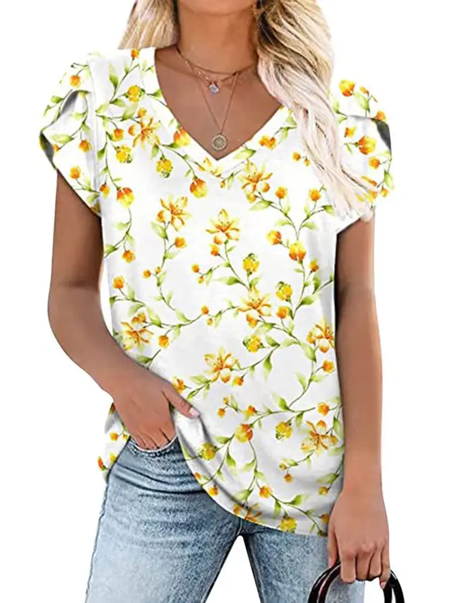 Tie Dyed Floral V neck Loose Women's T shirt Color16 - Shop at LoveMi