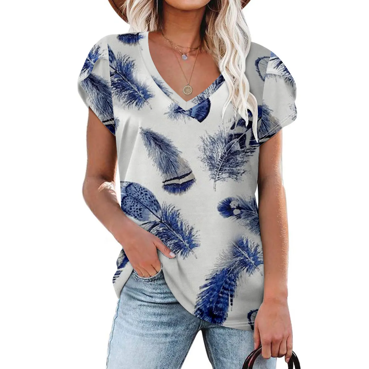 Tie Dyed Floral V-neck Loose Women's T-shirt - Color3