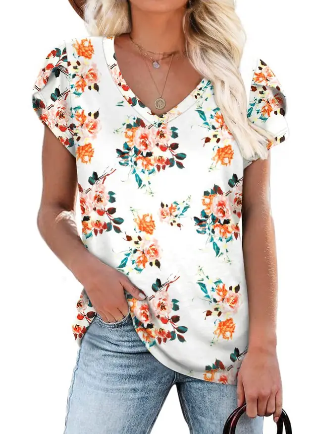 Tie Dyed Floral V neck Loose Women's T shirt Color9 - Shop at LoveMi