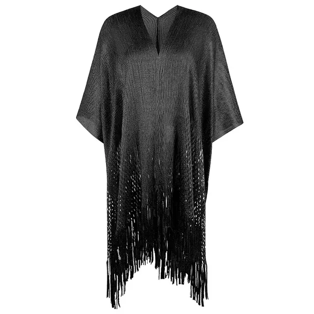 Women's Knitwear Hollowed Out Tassel Cape Shawl Anti suntan Coat Black - Shop at LoveMi