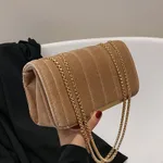 One Shoulder Velvet Chain Crossbody Bag - Khaki