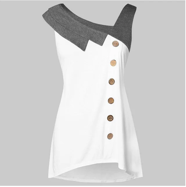 Women's Diagonal Collar Button Plus Size Vest Irregular Color Matching Top White - Shop at LoveMi
