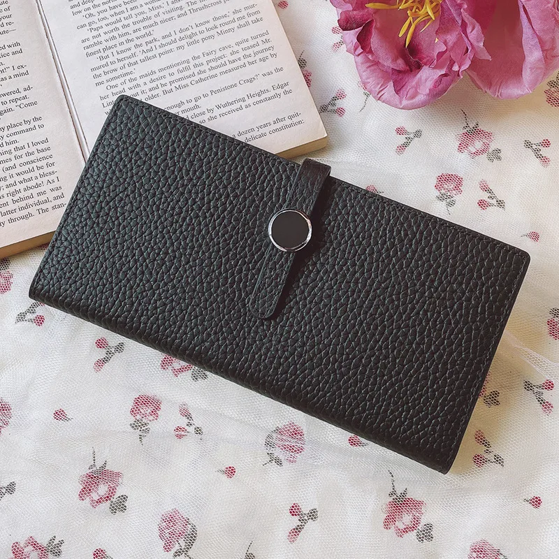 Genuine Leather Women Wallets Luxury Long Hasp Lychee Pattern Coin Purses - Black