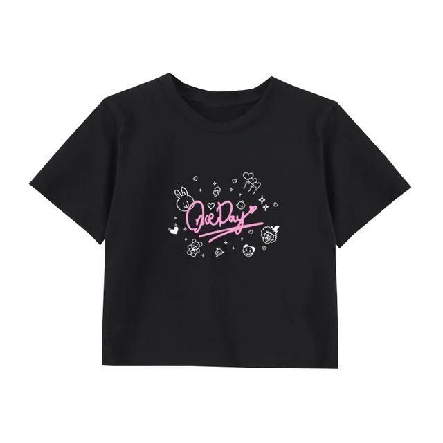 Pine Letter Printed Cotton Summer Song Clothes Exposed Umbilicus Black - Shop at LoveMi