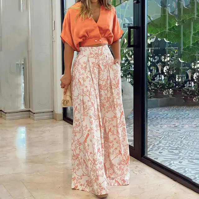 Printed Commuter Wide Leg Pants Orange - Shop at LoveMi