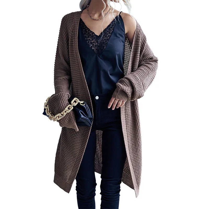 Women's Solid Color Long Cardigan Sweater Coat - Brown