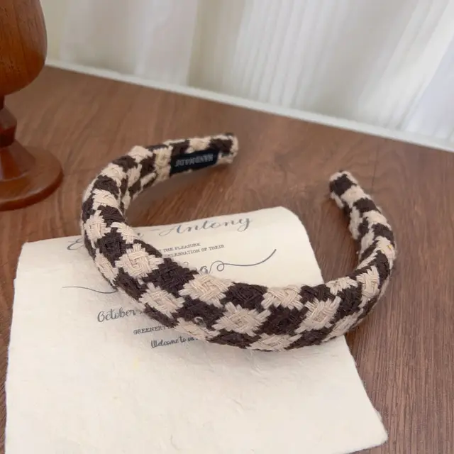 High Cranial Top Plush Head Hoop Advanced Sense Face Wash Headwear Wool Dark Coffee White Check - Shop at LoveMi