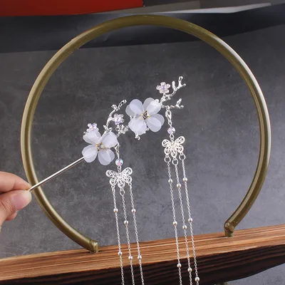 Ancient Style Hair Accessories Hanfu Plum Blossom Branch Tassel Hairpin White Flower Drill Silver - Shop at LoveMi