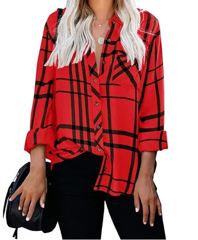 European And American Lapel Casual Long Sleeve Plaid Printed Lining Red - Shop at LoveMi