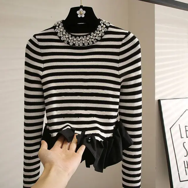 Beaded Design Sense Lace Stitching Black Temperament Sweater Top For Women Black White - Shop at LoveMi