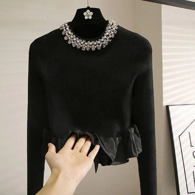 Beaded Design Sense Lace Stitching Black Temperament Sweater Top For Women Black - Shop at LoveMi