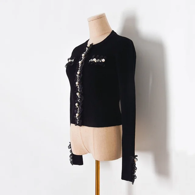 Pit Strip Elastic Slim Lace Nail beaded Drill Decoration Knitted Sweater Leggings Black - Shop at LoveMi