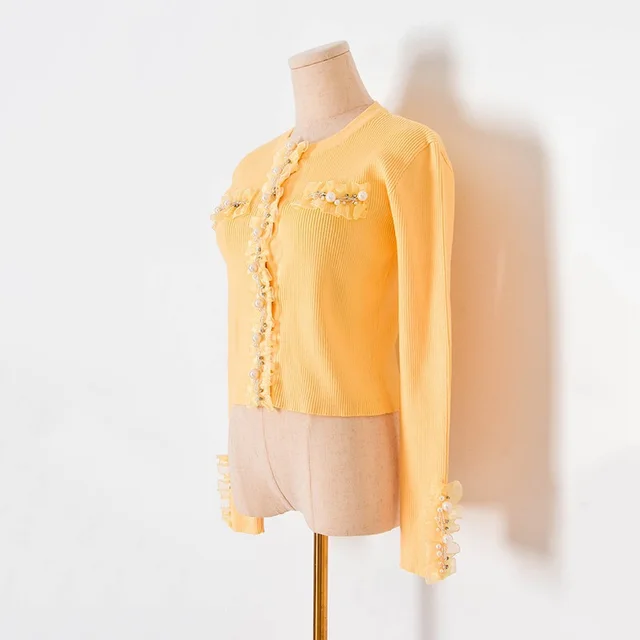 Pit Strip Elastic Slim Lace Nail beaded Drill Decoration Knitted Sweater Leggings Yellow - Shop at LoveMi