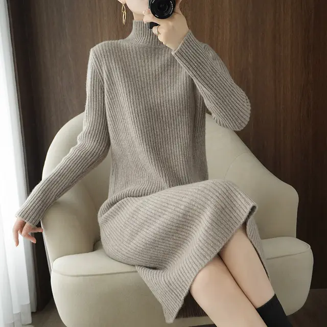 Half high Neck Mid length Knitted Bottom Dress Camel Color - Shop at LoveMi