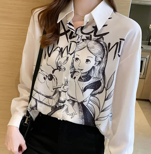 Style Printed Loose Design Shirt Women's Chiffon Top White - Shop at LoveMi