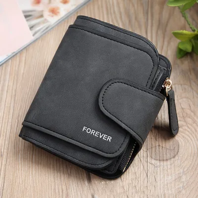 Simple Short Solid Color Three Fold Magnetic Buckle Wallet Multi Card Large Capacity Women's Purse Black - Shop at LoveMi