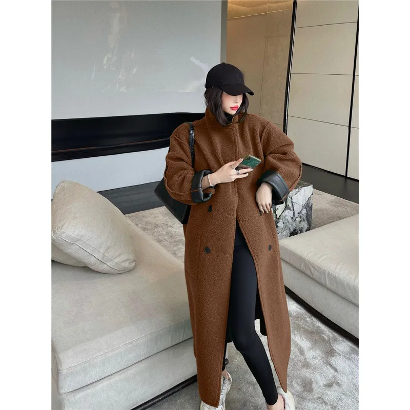 Autumn And Winter Fur Integrated Lamb Wool Medium Length Thickened Blue Coat - Leather Coffee Colour