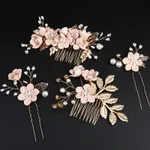 Gold Leaf Hair Updo Comb Handmade Bridal Crown Headdress - Pink 4 Piece Set