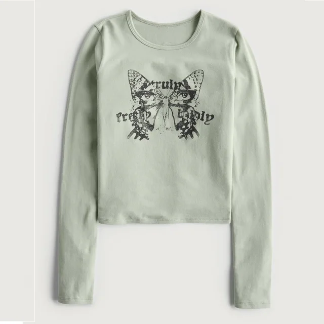 Vintage Printed Pea Green Bottom Long sleeved T shirt For Women Green - Shop at LoveMi