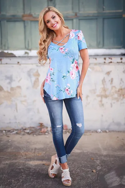 Flower Print Cross Front Short Back Long T shirt Blue - Shop at LoveMi