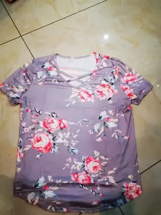 Flower Print Cross Front Short Back Long T-shirt - Light Gray