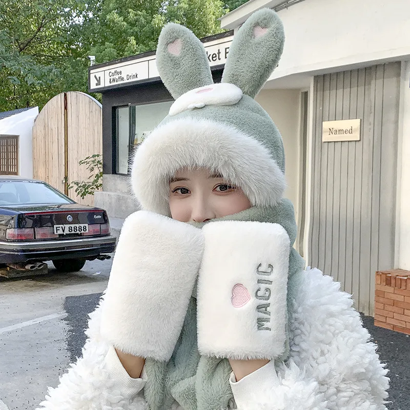 Cute Rabbit Ears Hat One Female Plush Bear Scarf Winter Warm Gloves Three piece Set Green - Shop at LoveMi