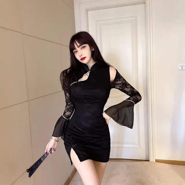 High Waist Lace Flare Sleeve Dress Black - Shop at LoveMi