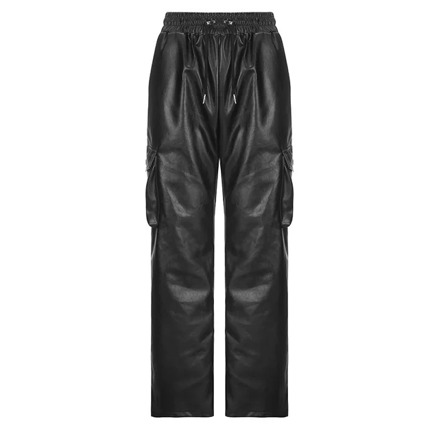 Street Pocket Tooling Leather Straight Leg Pants Elastic Waist Wide Punk Texture Black - Shop at LoveMi