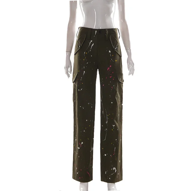 Three Honey Badger Women's Hand Painted Button Pocket Tooling Casual Pants Army Green - Shop at LoveMi