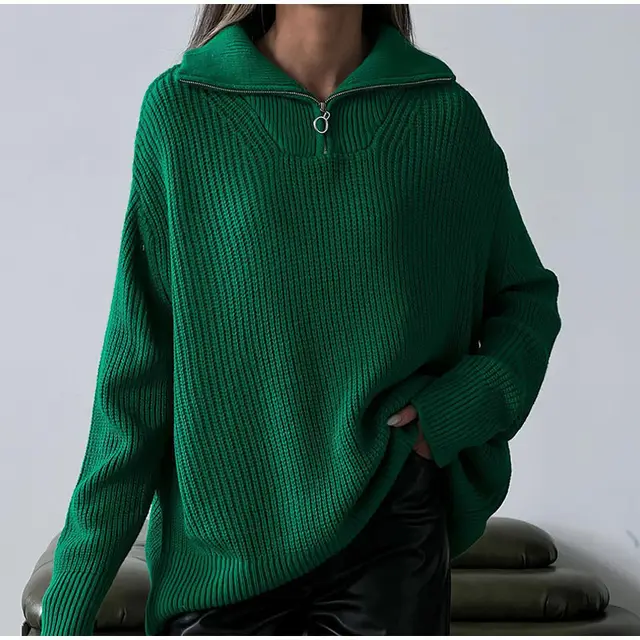 Zipper Sweater Pullover Knitted Loose Casual Women's Wear Green - Shop at LoveMi