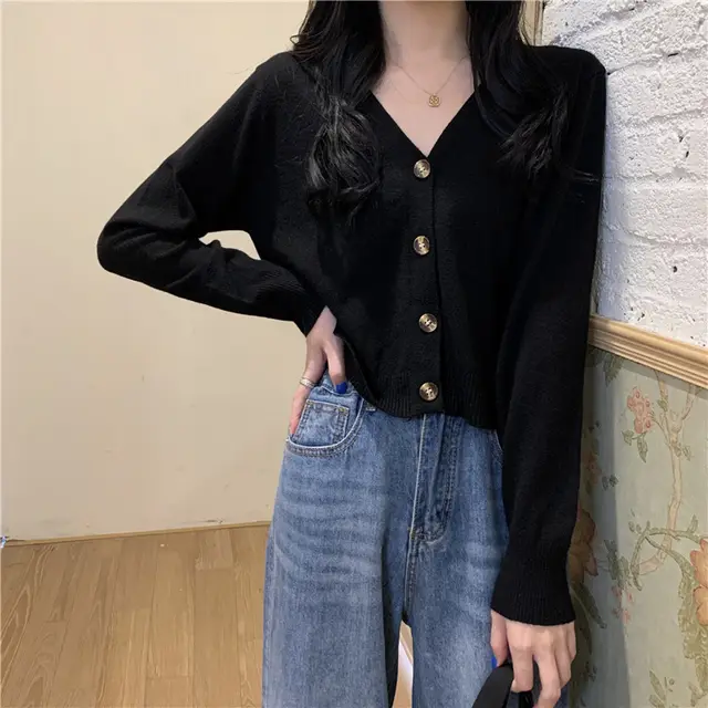 Thin Coat Loose Cardigan V neck Knitted Sweater Short Style Top Black - Shop at LoveMi