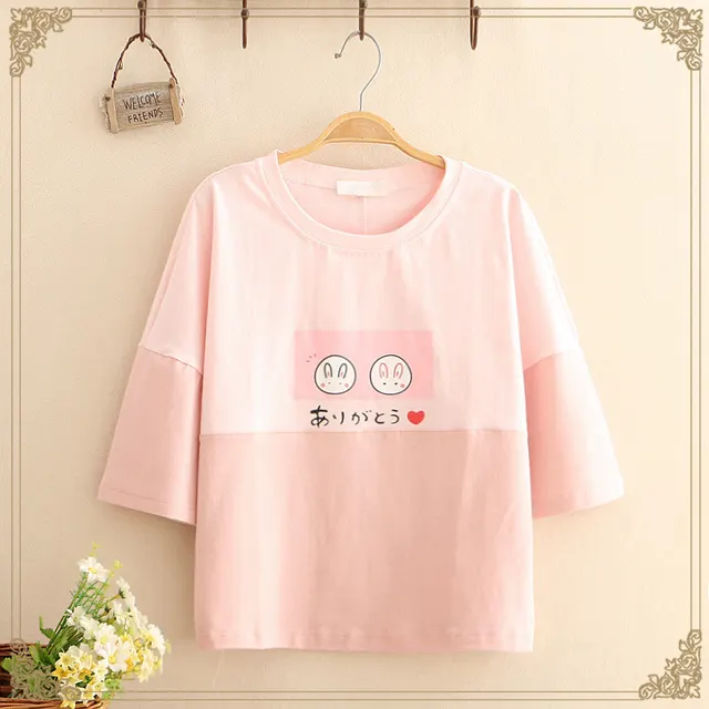 Color Combination Of Two Circle Rabbit Round Neck Short sleeved T shirt Pink - Shop at LoveMi