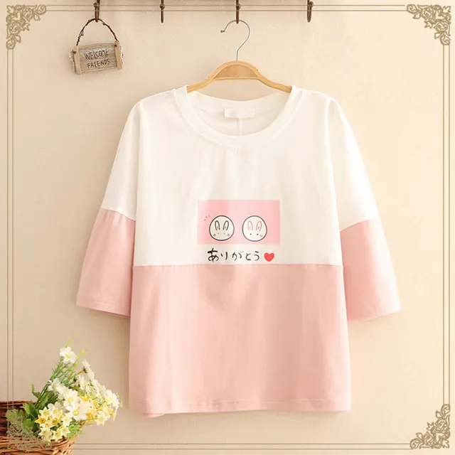 Color Combination Of Two Circle Rabbit Round Neck Short sleeved T shirt White - Shop at LoveMi