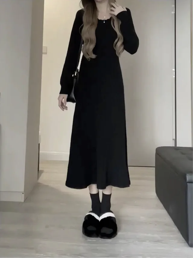 Knitted Leggings Dress Women's Autumn And Winter Sweater Long Skirt Black - Shop at LoveMi