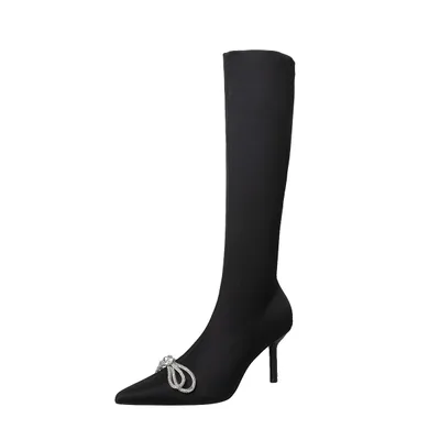 High Heel Rhinestone Sleeve Pointed Long And Short Black Boots Long Black Boots - Shop at LoveMi