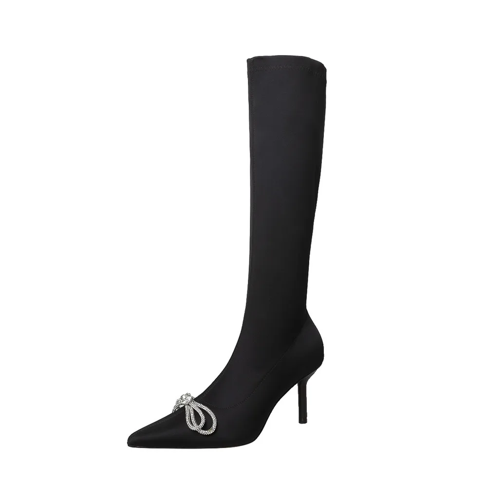 High Heel Rhinestone Sleeve Pointed Long And Short Black Boots Long Black Boots - Shop at LoveMi