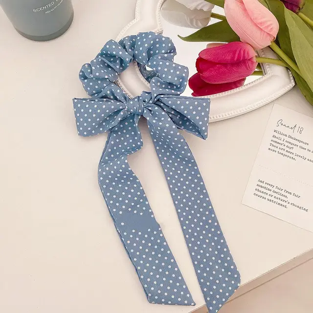 Polka Dot Floral Bow Hair Tie Girl Large Bowel Scrunchie Hair Rope Wave Dot Blue - Shop at LoveMi