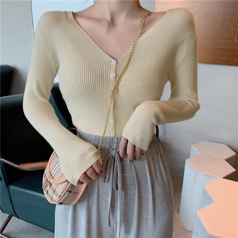 New V neck Single breasted Solid Color Bottom Knit For Women Apricot - Shop at LoveMi
