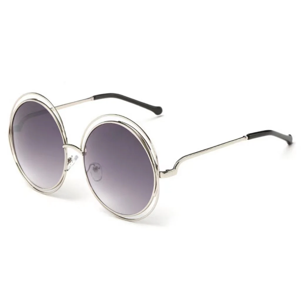 Large Frame Round Frame Women's Sun Glasses True Film Ink Mirror Flat Light Mirror - Silver Frame Double Grey