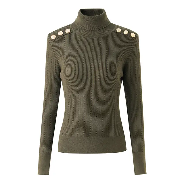 Pullover Black Long sleeved Knitted Turtleneck Fleece Blend Slim Top Army Green - Shop at LoveMi