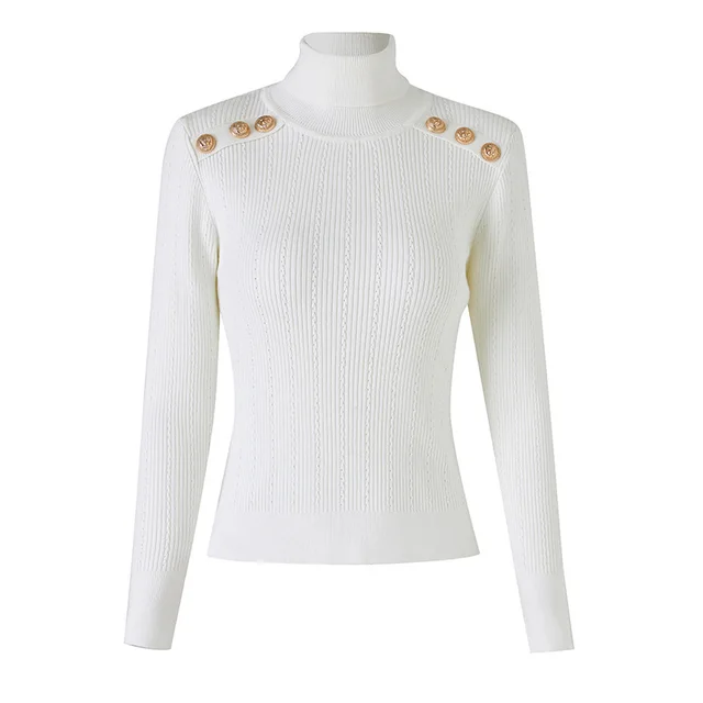 Pullover Black Long sleeved Knitted Turtleneck Fleece Blend Slim Top White - Shop at LoveMi