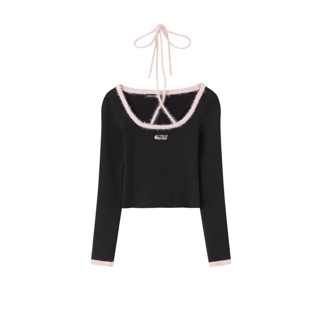 Japanese Niche Hanging Neck Lace up Knitted Shirt Autumn And Winter Slim Black - Shop at LoveMi
