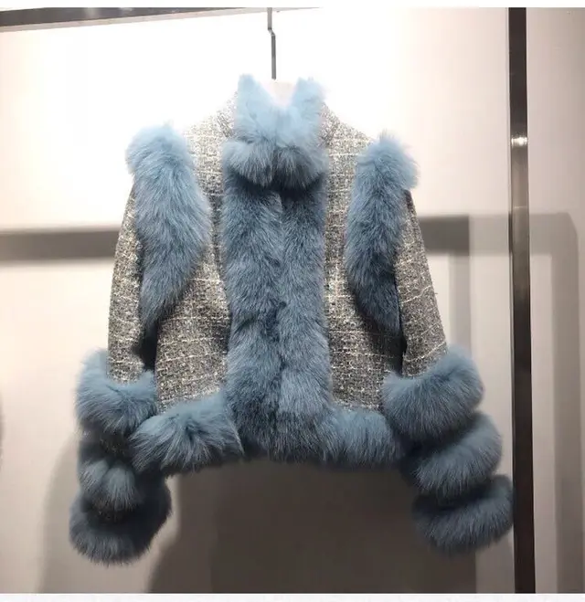 Winter New Fox Fur Tweed Woollen Stitching Top Short Women's Coat Blue - Shop at LoveMi