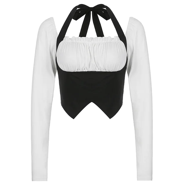 Black And White Fake Two piece Neck Panel Long Sleeve Long Sleeve - Shop at LoveMi