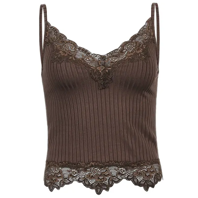 European And American New Women's Sexy Irregular V neck Lace Small Sling Brown - Shop at LoveMi