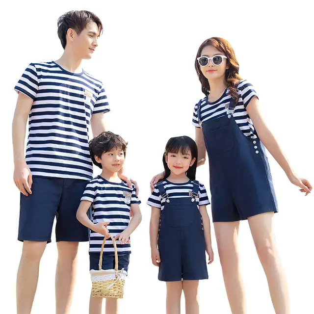 Fashion Simple Striped Cotton T shirt Short sleeved Suit Blue - Shop at LoveMi