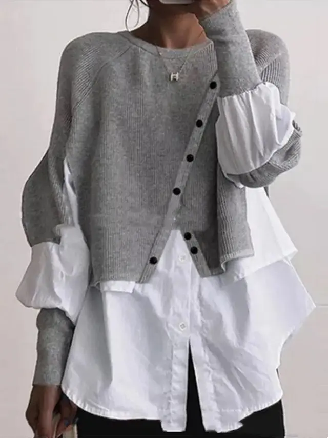Crew Neck Long Sleeve Knitted Multi color Patchwork White Shirt Women's Grey - Shop at LoveMi