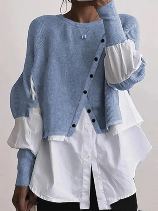 Crew Neck Long Sleeve Knitted Multi color Patchwork White Shirt Women's Light Blue - Shop at LoveMi